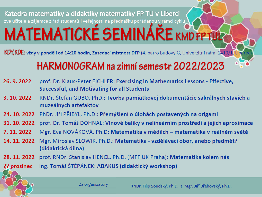 Harmonogram Matematického semináře KMD, ZS 2022/23